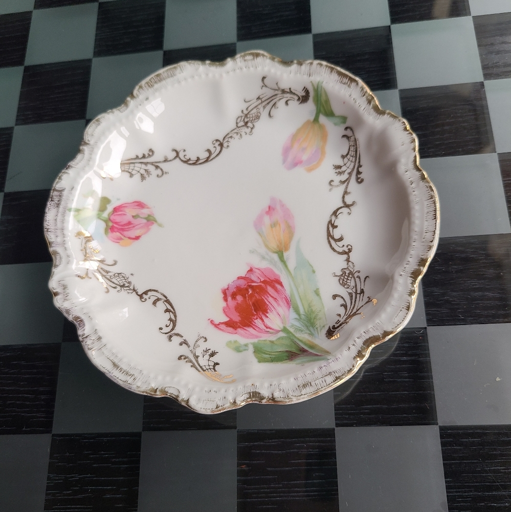 PS BAVARIA HAND PAINTED PORCELAIN PLATE DISH ROSES SIGNED ANTIQUE